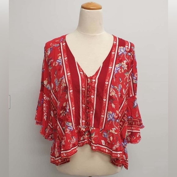 2/$30 Jaase boho floral flowy top with bell sleeve and ruffle trim SZ S - Picture 1 of 13